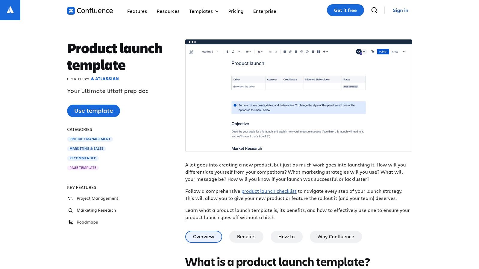 Atlassian Confluence's product launch template showing its structured layout and integration with Jira tasks.
