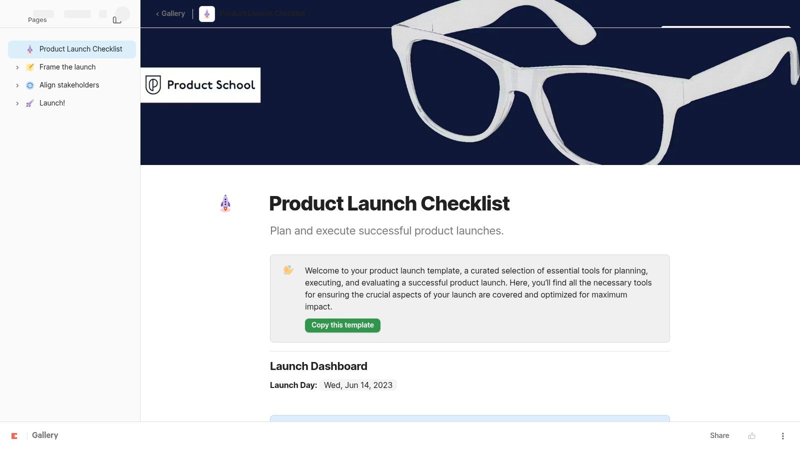 Coda's product launch checklist template showing its interactive and data-driven doc format.