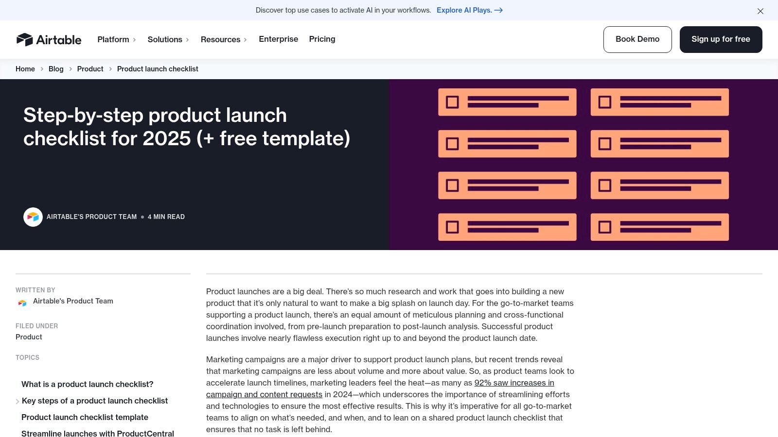 Airtable's product launch template showcasing its database-like grid view for detailed task and asset tracking.