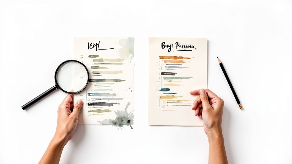 A close-up shot of a document detailing a customer persona, with charts and demographic data visible.