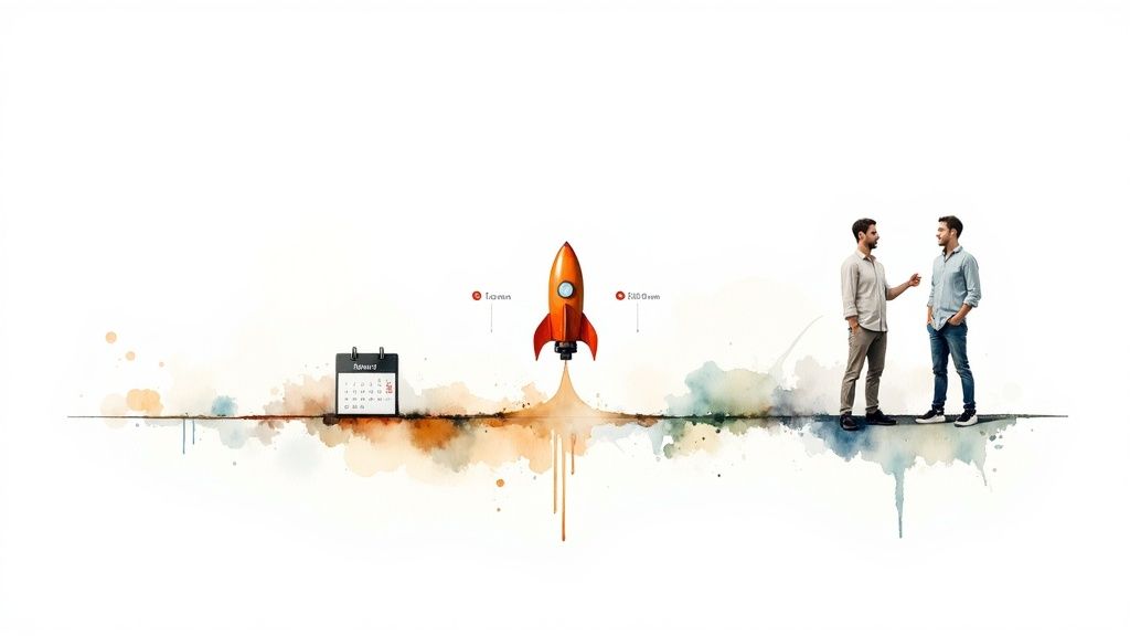 A rocket launching from a desk, symbolizing a startup's go-to-market launch.