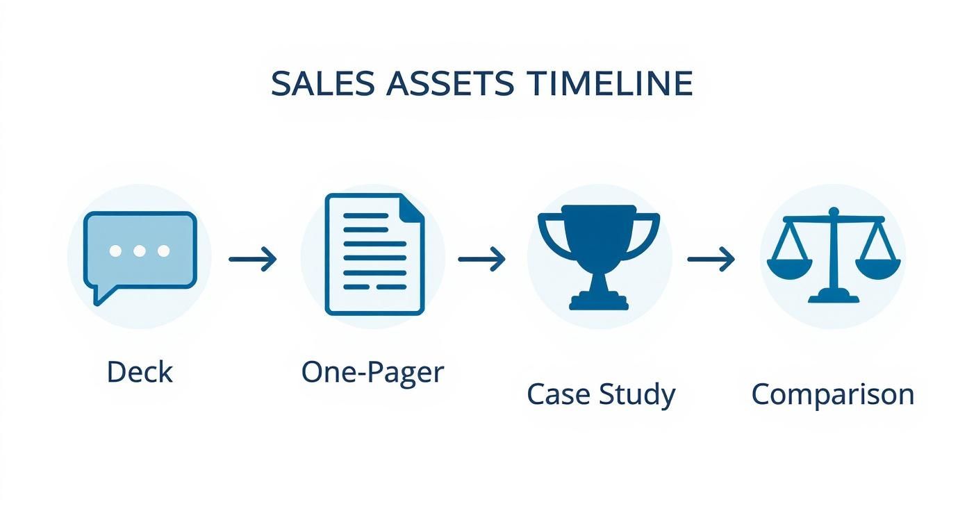 Infographic timeline showing the creation of sales assets: Pitch Deck, One-Pager, Case Study, and Comparison Sheet.