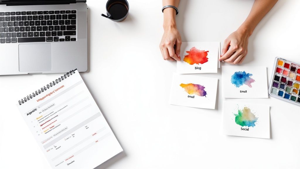 Marketing strategist organizing content channels including blog, email, and social media with watercolor cards