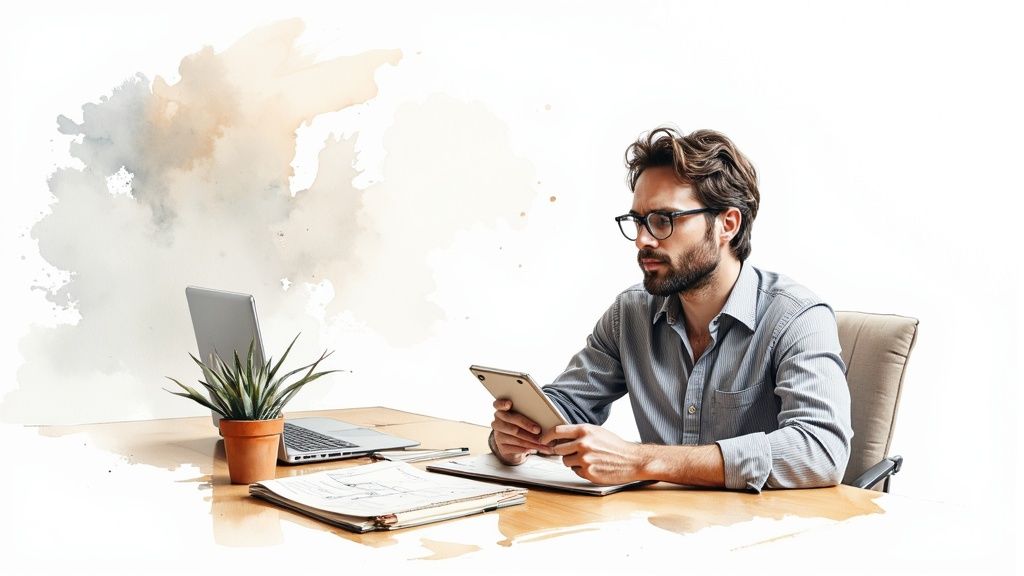 Professional businessman reviewing demand generation strategy on tablet at modern workspace desk