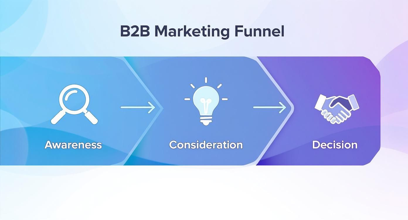 B2B marketing funnel diagram showing three stages: awareness, consideration, and decision with icons