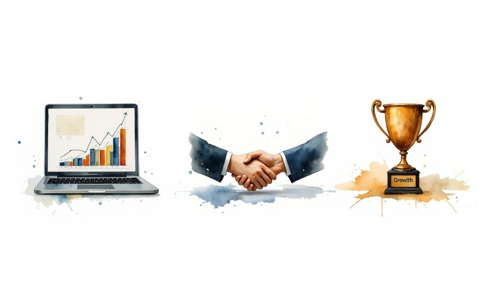 Business growth concept showing laptop with analytics charts, handshake partnership, and golden trophy award
