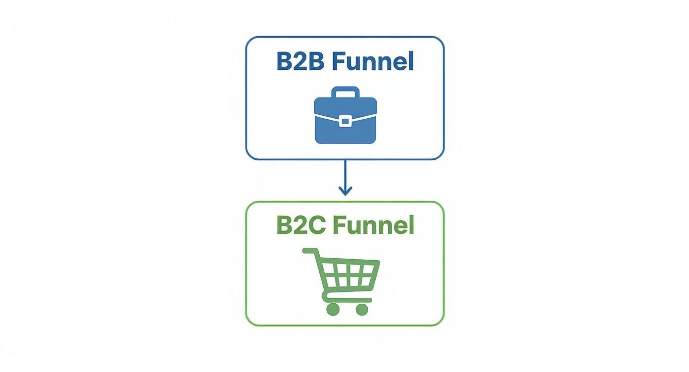 B2B funnel with briefcase icon flowing down to B2C funnel with shopping cart icon diagram