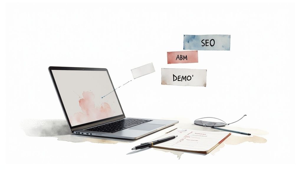 Laptop displaying SEO, ABM, and demo marketing labels with notebook and mouse on desk