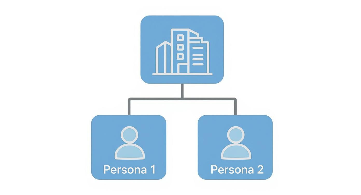 Organizational hierarchy diagram showing two B2B buyer personas connected to a central business building icon