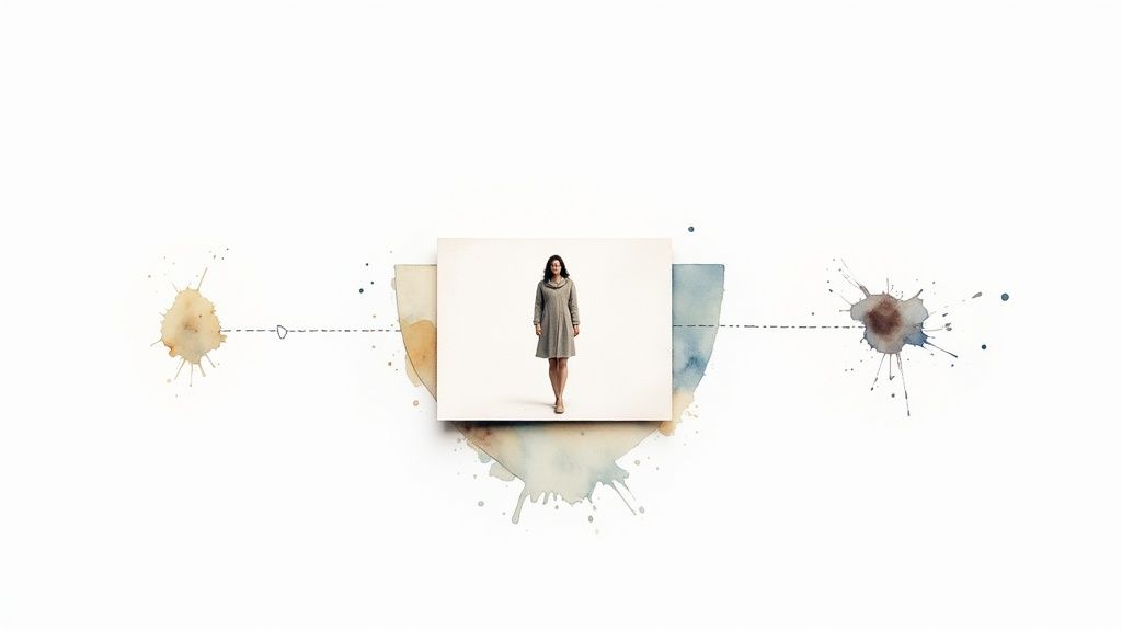 Woman standing between watercolor splashes illustrating customer journey and B2B buyer persona concept
