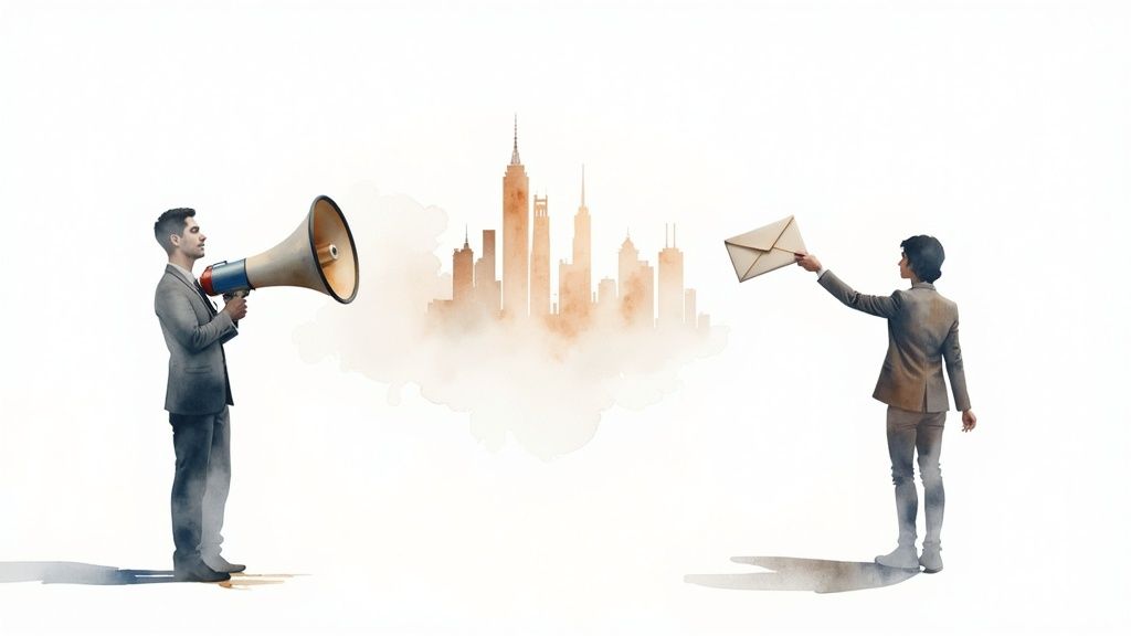Two business professionals communicating across city skyline with megaphone and envelope representing B2B marketing