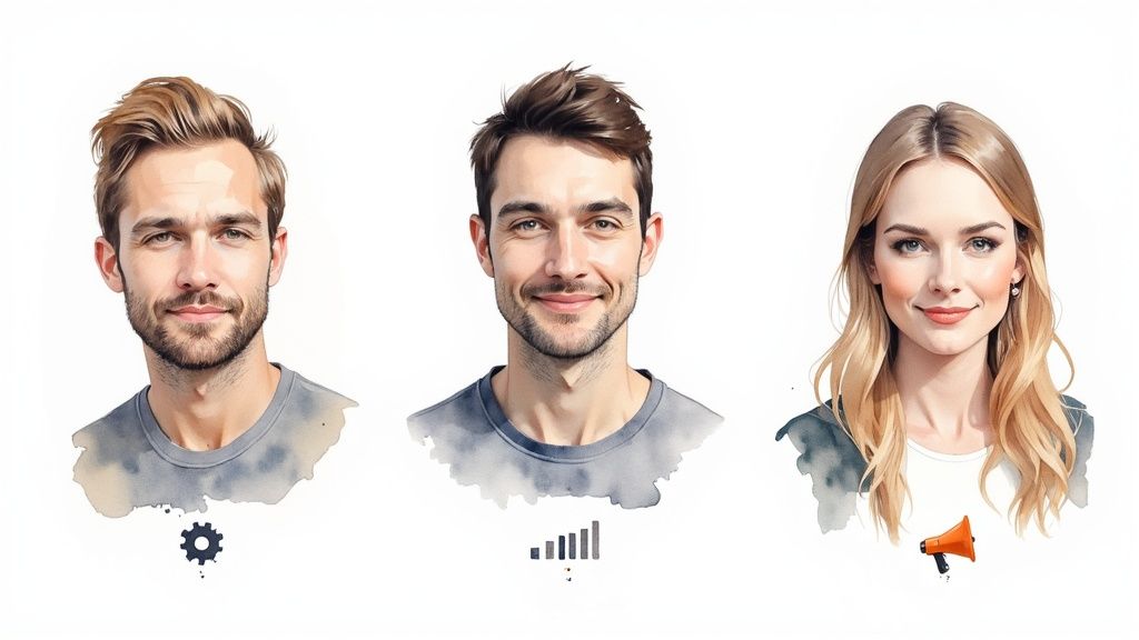 Three professional team members representing different business roles for customer segmentation strategy