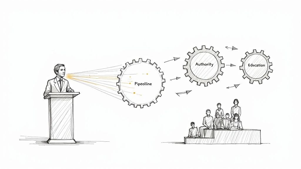 A diagram illustrates a speaker, a 'Pipeline' gear, 'Authority' and 'Education' gears, and an audience.