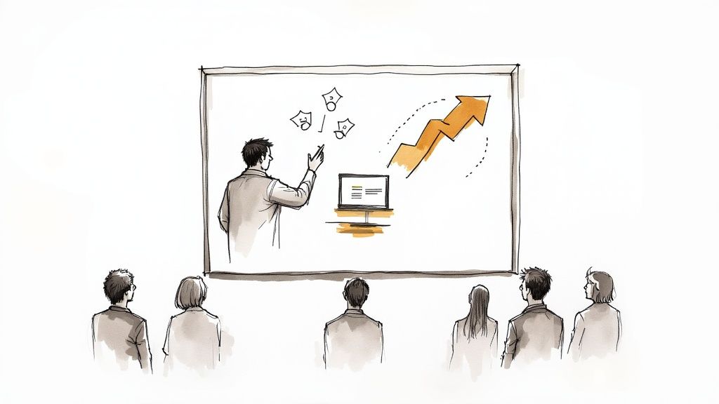 An illustration of a presenter explaining business growth and financial strategies to an audience.