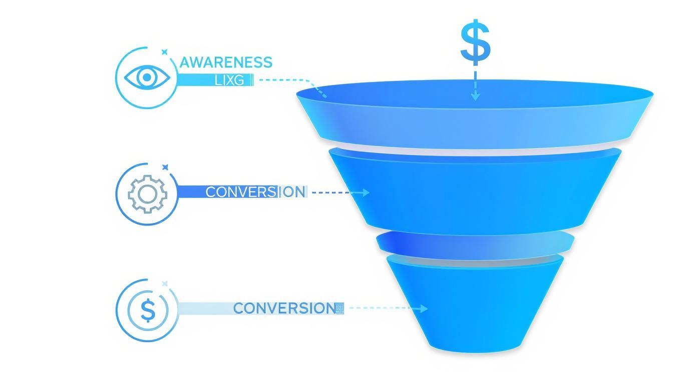 A blue marketing funnel illustrating the stages of awareness and conversion with icons.
