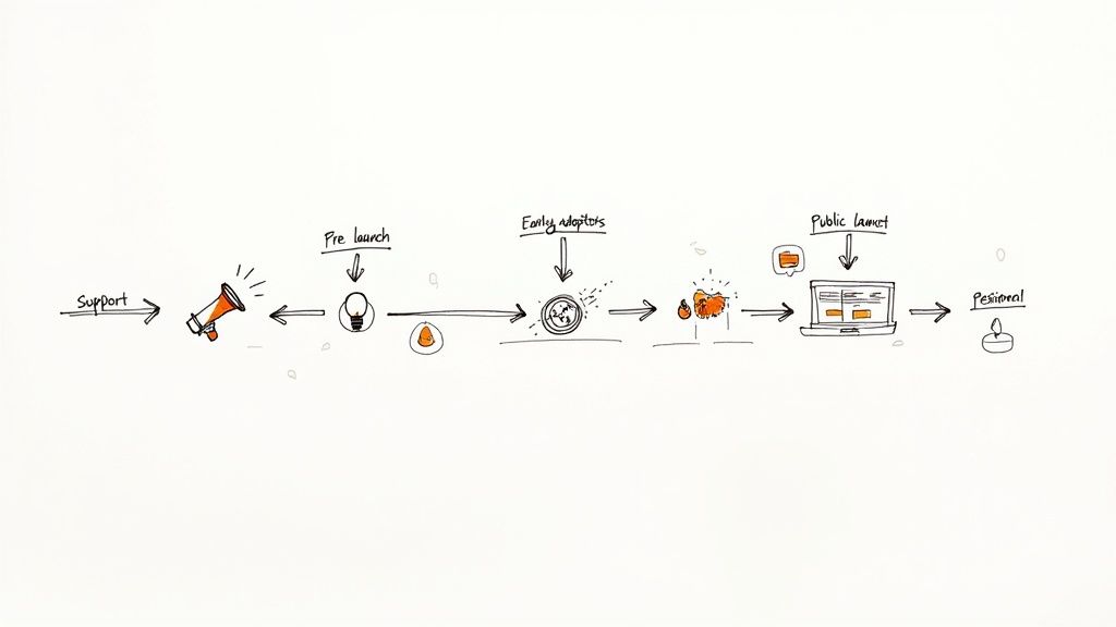 Diagram illustrating product launch phases: support, pre-launch, early adopters, and public launch.