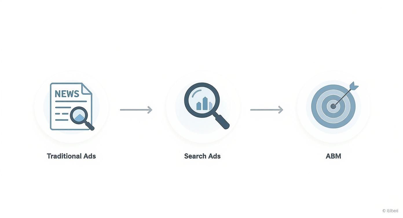 Visualizing the progression of advertising from traditional print ads to search ads and Account-Based Marketing (ABM).