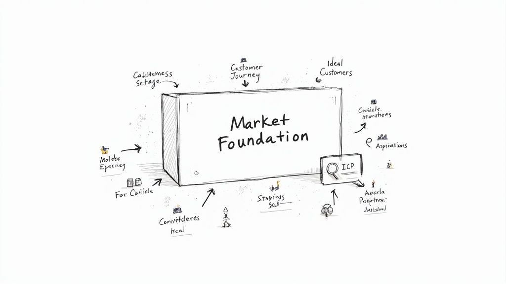 A hand-drawn diagram illustrating 'Market Foundation' as the central concept, surrounded by related business and customer journey elements.