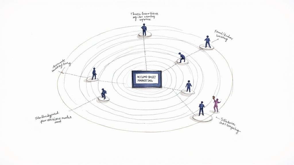 An illustrated diagram showing account-based marketing strategy with interconnected elements and people.