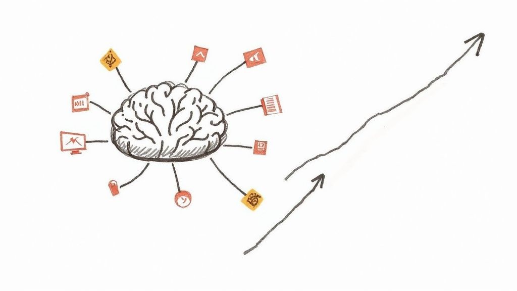 Hand-drawn brain with connected icons representing business concepts, leading to two upward growth arrows.