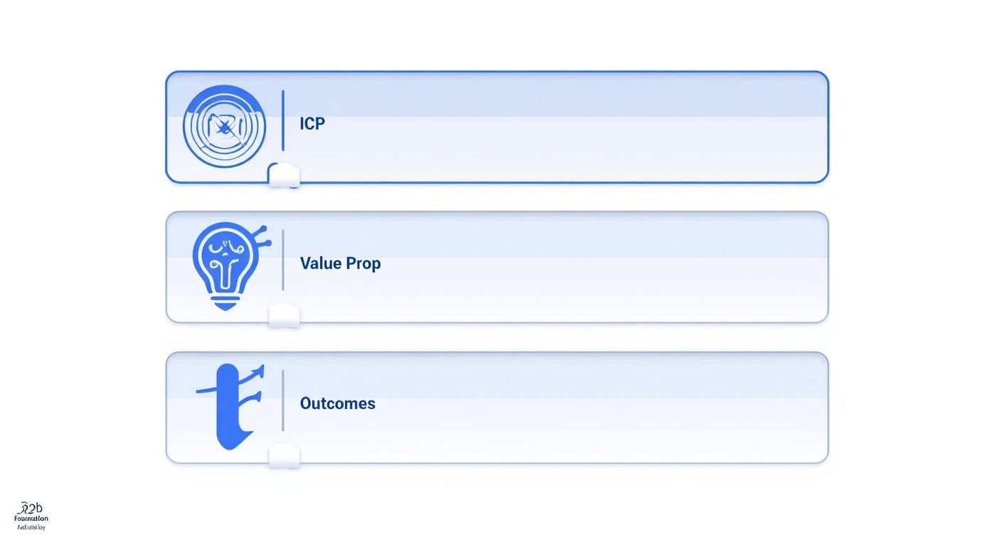 Three blue concept boxes listing ICP, Value Prop, and Outcomes, representing a business framework.