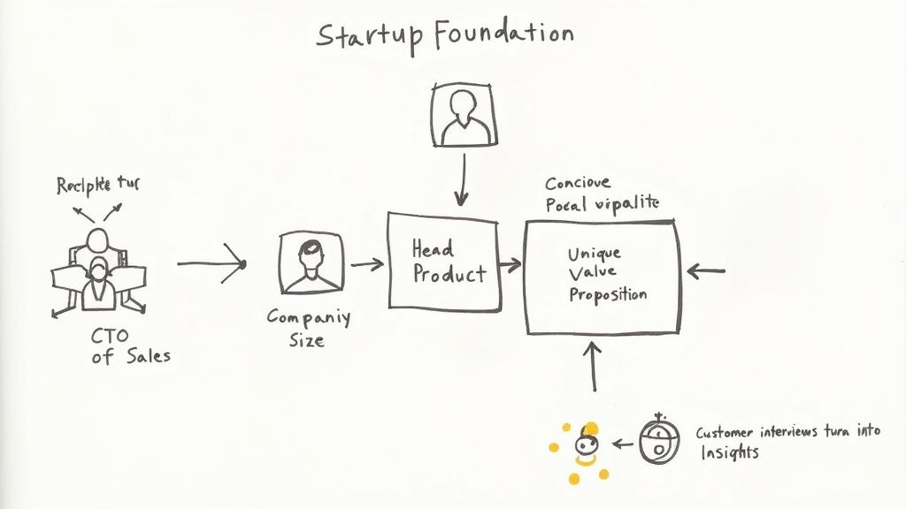 A 'Startup Foundation' diagram illustrating the journey from initial team to a unique value proposition.