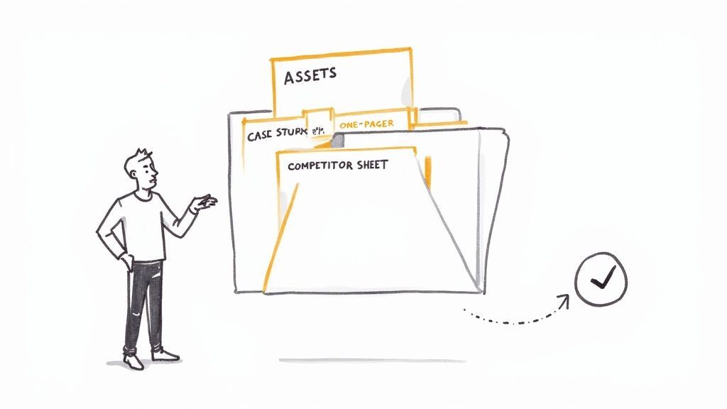 A man stands next to a file folder containing organized business documents like assets, case studies, and competitor sheets, with a checkmark.