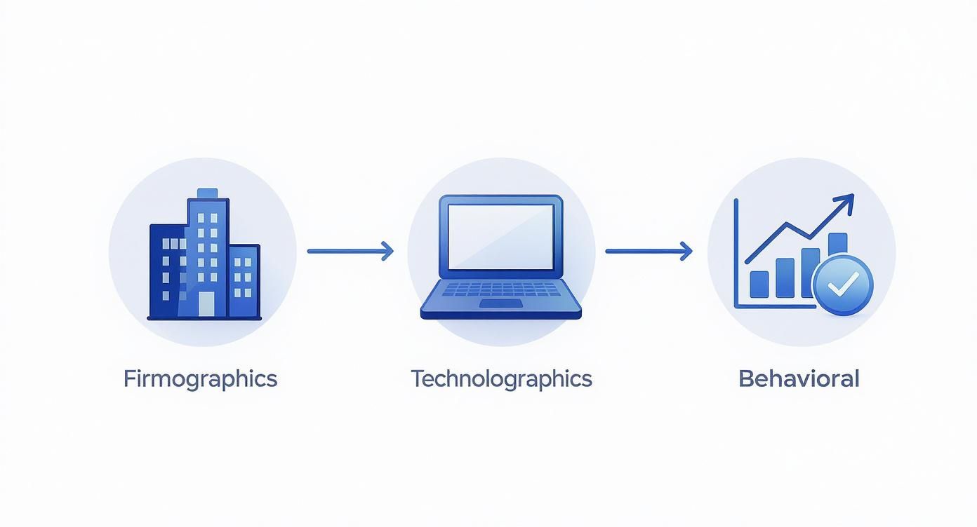 Visualizing a data flow from firmographics, through technolographics, to behavioral customer insights.