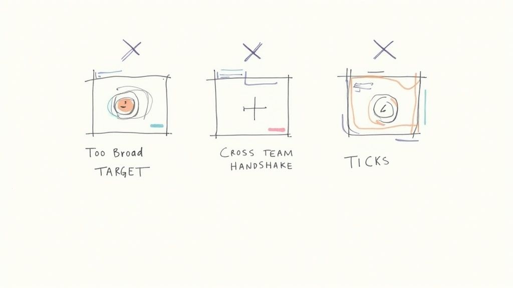 Three hand-drawn diagrams illustrating common business problems like broad targets and cross-team issues.