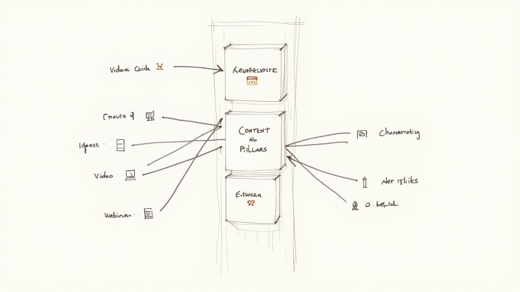 A handwritten diagram illustrating a content marketing strategy focused on content pillars, inputs, and outcomes.
