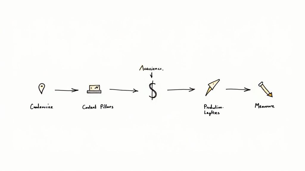 A hand-drawn flowchart illustrates a content marketing strategy, from condensing ideas to measuring results.