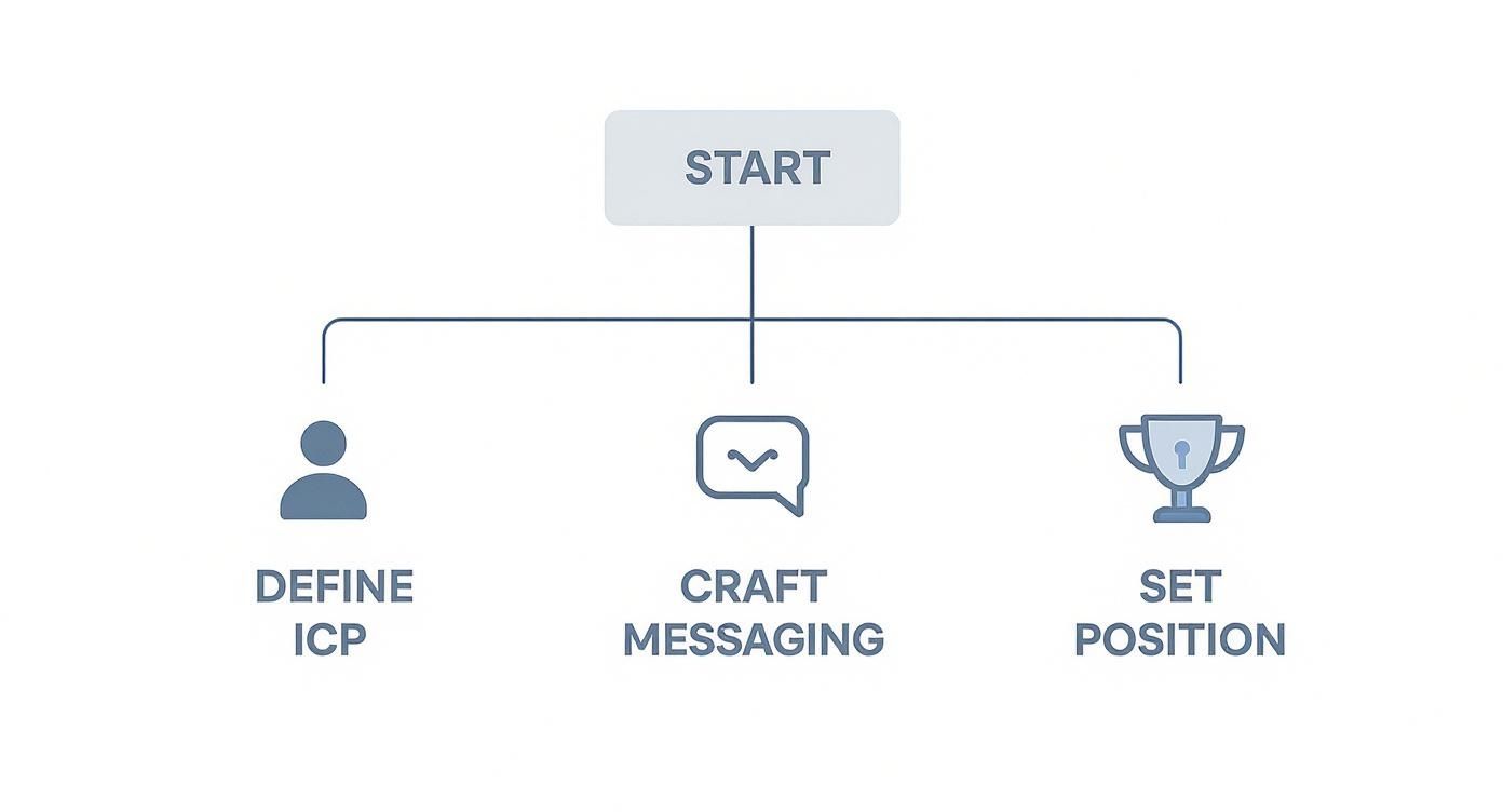 A B2B marketing strategy flowchart showing steps: START, Define ICP, Craft Messaging, and Set Position.