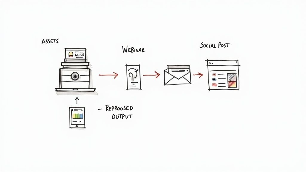 A marketing workflow diagram showing assets leading to a webinar, then email, and finally a social post.