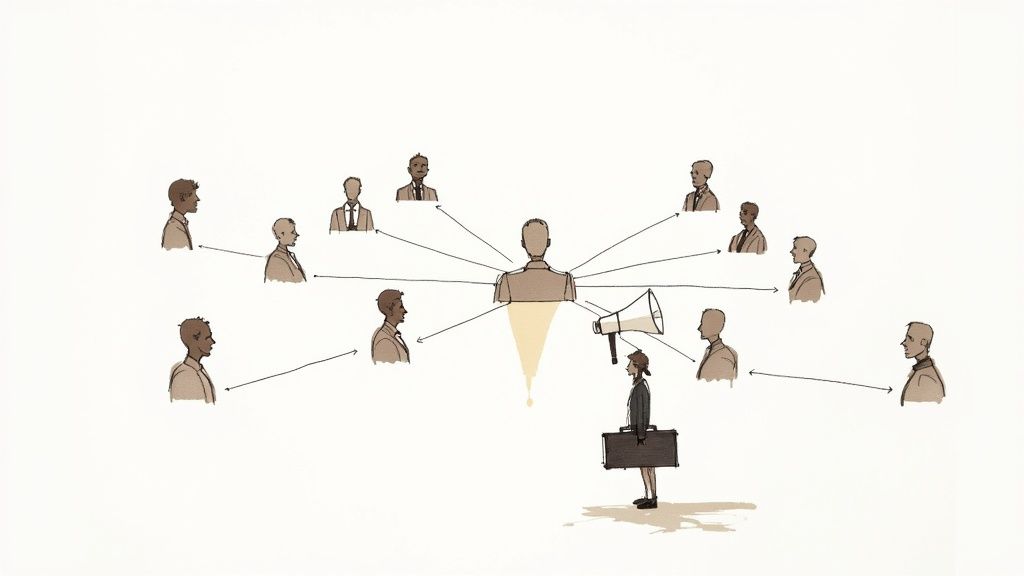 A visual representation of communication flow from a central figure through a person with a megaphone.