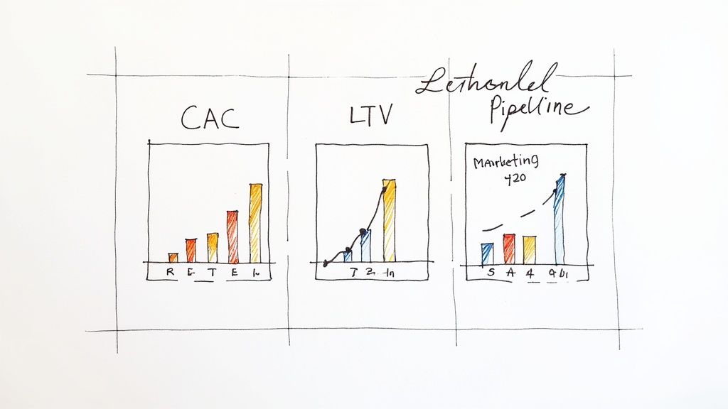 Hand-drawn charts illustrating CAC, LTV, and Marketing Pipeline metrics for business strategy.