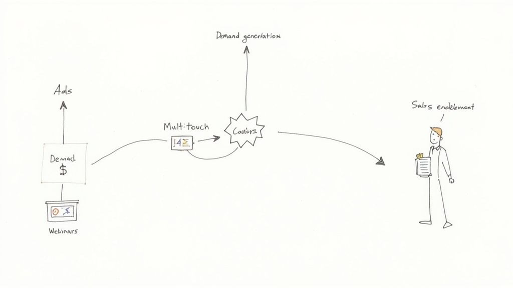 Diagram illustrating demand generation activities like ads and webinars leading to multi-touch customer engagement and sales enablement.