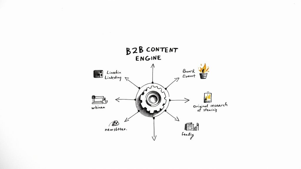 Hand-drawn diagram showing a B2B content engine distributing content through multiple channels like LinkedIn, webinars, and newsletters.