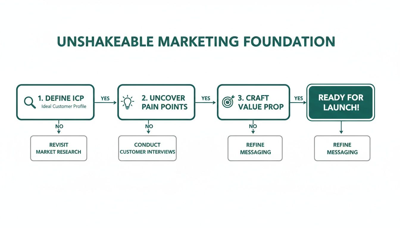 A marketing foundation flowchart outlining steps: define ICP, uncover pain points, craft value prop, and launch.