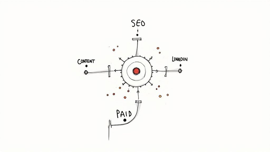A hand-drawn diagram showing a central hub connecting SEO, Content, LinkedIn, and Paid marketing channels.