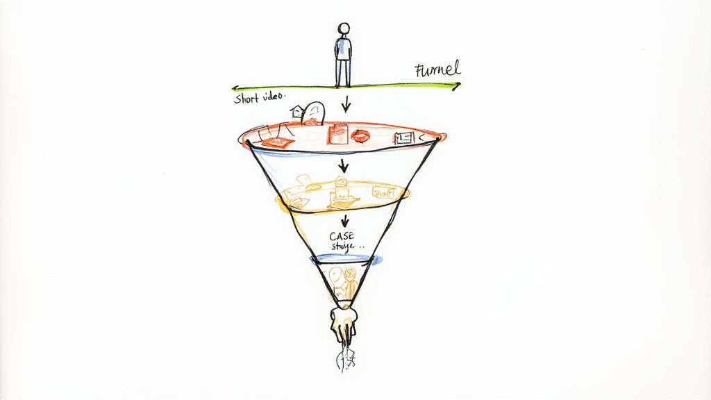An illustration depicting a marketing funnel, with a person moving through short video and case study stages.