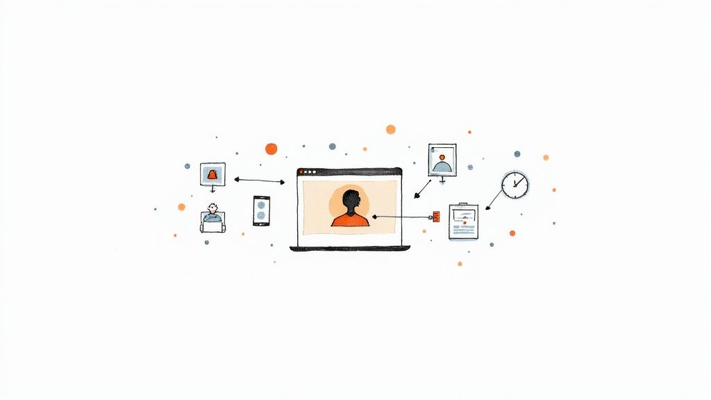 Illustration showing various digital devices and data points interacting with a central laptop and user.