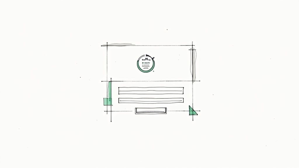 Hand-drawn wireframe sketch of a user interface or store layout with a central logo and content blocks.