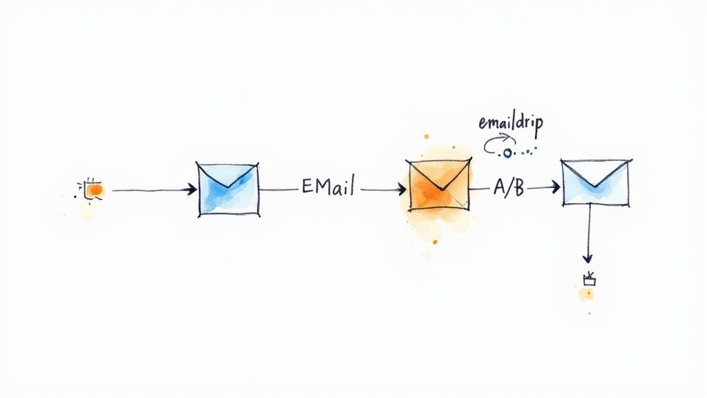 A hand-drawn diagram illustrates an email marketing automation flow with A/B testing and a drip campaign.