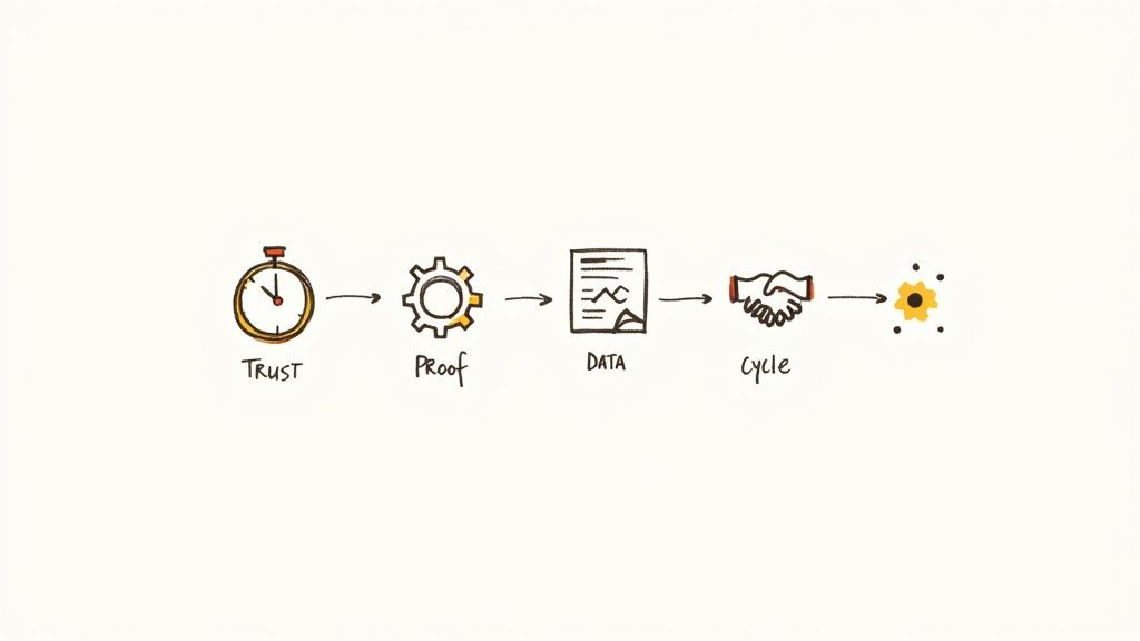 A hand-drawn diagram illustrating a five-step process: Trust, Proof, Data, Cycle, culminating in a golden gear.