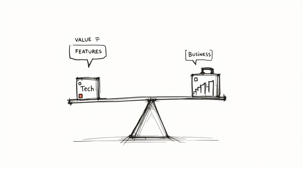 A hand-drawn balance scale illustrating that tech features and business value are equally important.