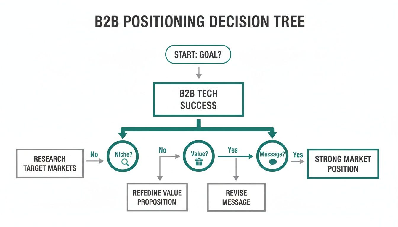 B2B positioning decision tree flowchart illustrating key steps for achieving a strong market position for tech companies.