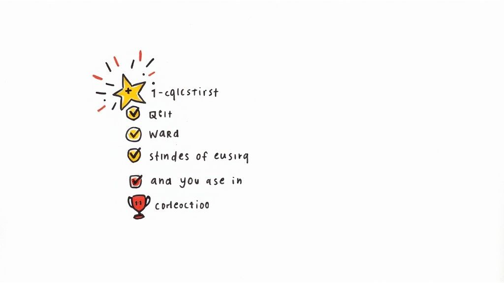 Illustration of a handwritten checklist with a star, checked items, and a red trophy, signifying achievement.