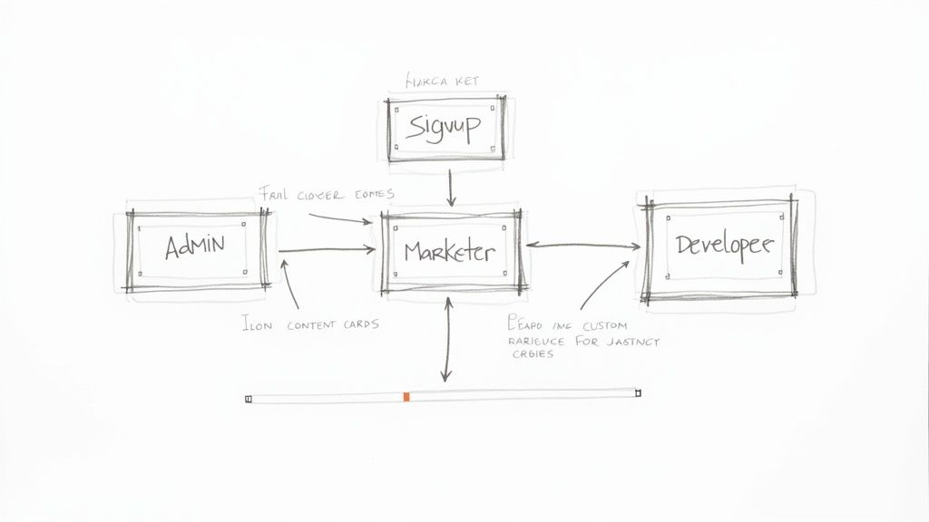 Hand-drawn flowchart depicting the interconnections and roles of Signup, Marketer, Admin, and Developer in a system.