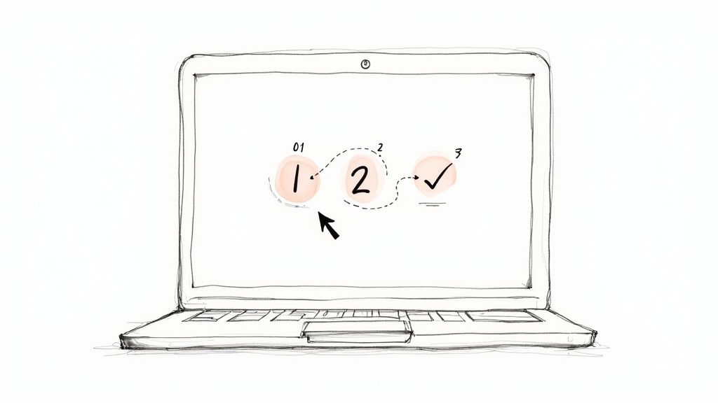 Hand-drawn laptop displays a three-step process: 1, 2, and a checkmark, with an arrow indicating the first step.