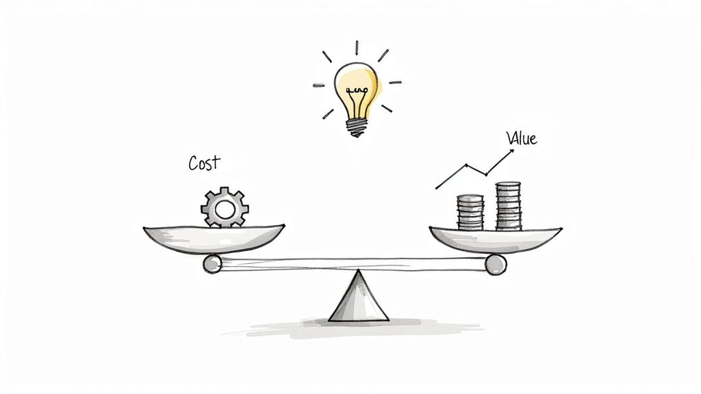 Hand-drawn scale balancing cost (gear) and greater value (coins, trend line), with a lightbulb idea.